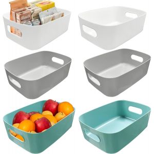 YEMAESRE-Lot De 6 Petites Boîtes De Rangement Rectangulaires En Plastique Avec Poignée, Gris, Blanc, Bleu, 21,6 X 14,9 X 7,8 Cm, Paniers D'Organisation Pour Étagères, Cuisine, Bureau, Réfrigérateur - Neuf