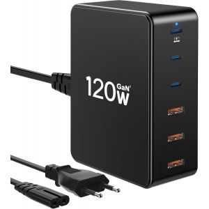 Chargeur Usb C, 120w Gan 6 Ports Chaegeur Usb C,Station De Charge Rapide Multi-Appareils,Station De Charge De Table De Chevet,Centre De Charge Usb Pour Macbook,Iphone,Ipad,Galaxy - Neuf