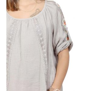 Tunique Femme Coton-Lin Beige &Agrave; Dentelle - Coupe Large - Taille 38-40 - Neuf