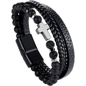 Eryi-Bracelet Homme En Cuir Véritable, Viking Arbre De Vie, Pierre Naturelle Tressée, Avec Fermoir, Noir/Brun - Neuf