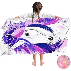Kal-- Serviette Licorne Unicorn Cool - Enfant Fille Gar&ccedil;on - Serviette De Bain S&eacute;chage Rapide - 140x70cm - Pour Voyage Fitness Gym Sport Spa Yoga - Violet - Neuf