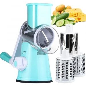 Rotary Cheese Grater with Handle for Vegetables and Cheese,3 Interchangeable Blades for Cheese,Potato,Zucchini,Nuts and Chocolate (Light Blue) - Neuf