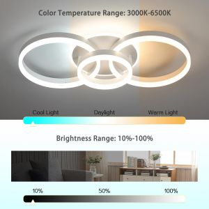 Plafonnier Led Salon 3 Ring ¿65cm,50w Plafonnier Moderne Dimmable Avec Télécommande,En Métal+Acrylique,Design Rond,Pour Salon,Chambre,Salle À Manger - Neuf