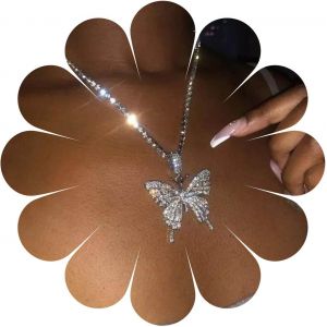 Kal-Collier Papillon Cristal Grand Choker Argent Cz Chaîne Tennis Collier Pendentif Papillon Étincelant Charme Bling Collier Papillon Rhinestone Bal De Promo Bijoux Cadeau Pour Femmes Filles - Neuf