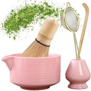 Tianyi-Ensemble À Thé Matcha Avec Fouet À Matcha, Porte-Balai, Bol À Matcha En Céramique, Cuillère À Café, Passoire À Matcha, Accessoires Japonais Pour La Cérémonie Du Matcha, Rose - Neuf