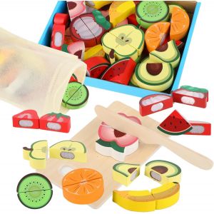 KALANKA-Aliments dinette Enfant en Bois, Jouet Cuisine Enfant, Accessoires Cuisine Enfant Bois avec Fruits à Couper, Jouet Cuisine éducatif pour garçons et Filles dès 2-3 Ans, - Neuf