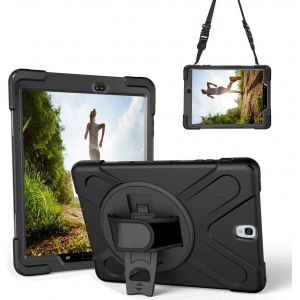 Eryi-Coque Pour Galaxy Tab S3 T820/T825 (9,7 Pouces), Antichoc Robuste Étui Avec Support Rotatif, Dragonne Et Bandoulière Réglable Protection Housse Samsung Galaxy Tab S3 (T820 / T825), Noir - Neuf
