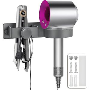 KALANKA-Support Seche Cheveux avec Range-Câbles sans Percage Porte Seche Cheveux et Lisseur Aluminium Titulaires pour Hôtel de Chambre à Coucher de Salle de Bain (Gris) - Neuf