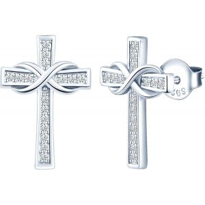 Kal-Boucles D'oreilles Femme Fille, Boucle D'oreille En Argent 925, Boucle D'oreille Croix Et Symbole D'infini, Zircon Incrust&eacute;, Boucle D'oreille Croix, Fantaisie, Argent, Or Rose, Or - Neuf