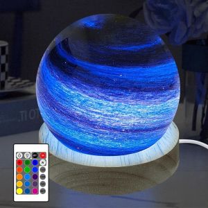 3D Lampe Led Planète Lampe Boule De Verre Dimmable Lumière D'Ambiance Lampe De Table Base En Bois Rgb 16 Couleurs Usb Veilleuse Pour Chambre Salon Décoration Cadeau Noël, 8 Cm (C) - Neuf