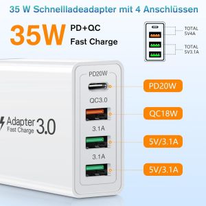 Chargeur Usb-C 35w 4 Ports,Charge Rapide Pd/Qc 3.0 Avec 2 C&acirc;bles 6,6 Pieds,Compatible Samsung/Lg/Google Pixel 6/Tablettes,Bloc Mural Compact -Blanc - Neuf