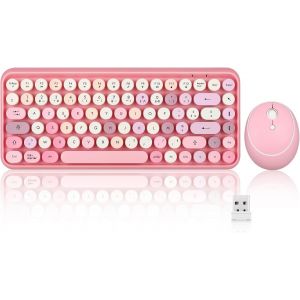 PERIDUO-713 Ensemble Mini Clavier et Souris sans Fil,USB, 2.4 GHz, Touches de Style R&eacute;tro Arrondies, Rose Pastel, AZERTY - Neuf
