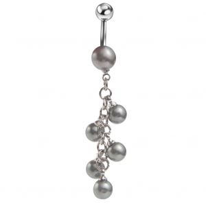 Piercing De Nombril En Acier Chirurgical 316l Avec Longues Perles Artificielles Et Pompons (Gris) - Neuf
