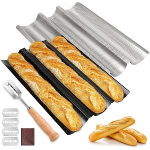 Subzonal-Moule À Baguette, 2 Pièces Moules À Baguettes Pour 3 Baguettes Avec Couteau De Boulanger, Plaque De Cuisson Antiadhésive, Moule Pain Accessoire Pour Cuisson De Pain, 38x24cm - Neuf