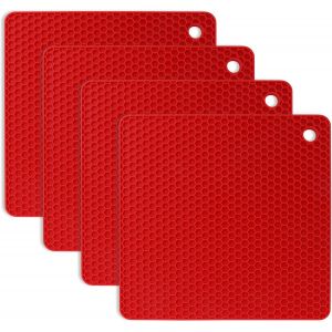 Dessous de plat en silicone, 4 pièces, antidérapant, anti-chaleur, 250 °C, multifonction, repose-cuillère, dessous de verre, dessous de plat pour cuisine et salle à manger (rouge) - Neuf