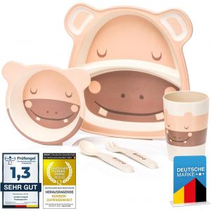 Kal-® Set De Vaisselle Pour Enfants En Plastique Set De Vaisselle 5 Pièces Avec Des Motifs D'animaux ; Gobelet, Bol, Assiette, Cuillère & Fourchette Pour Enfants (Hippopotame) - Neuf
