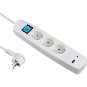 Multiprise 3 Prises Schuko avec Interrupteur + 2 Ports USB 3,4 A 17 W (1 Type A + 1 Type C), c&acirc;ble 1,5 m/multiprise/multiprise/multiprise de Table Extra Plate - Neuf