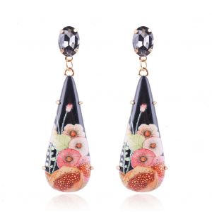 1 Paire De Boucles D'oreilles Pendantes Tendance Avec Strass Et Decoration Delicate (Fleur Noire Et Rose) - Neuf