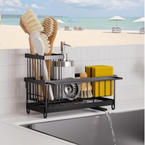 Porte Eponge Evier Cuisine,Organisateur D'évier En Acier Inoxydable Avec Bac D'écoulement Automatique,Rangement Eponge Evier Cuisine Porte Brosse Amovible Avec Porte-Serviettes, Noir - Neuf