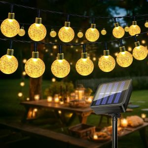 AIOU-Guirlande Lumineuse Solaire Exterieur,11M 60 Led Guirlande Lumineuse Exterieure,Ip65 Étanche,8 Modes,Extérieur Intérieur Décoration Pour Jardin,Cour,Arbres,Mariage,Noël,Fête(Blanc Chaud - Neuf
