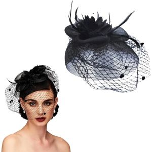 Kalvd-Bandeau Vintage Noir Avec Voile Et Plumes-Chapeau Pillbox Rétro Des Années 1950 Pour Mariages,Tea Parties Et Occasions Festives-Accessoire De Tête Pour Des Apparitions Élégantes - Neuf