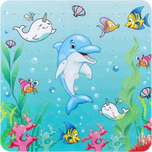 Tapis de douche antid&eacute;rapant (motif dauphin), 53 x 53 cm, lavable en machine, avec ventouses. - Neuf
