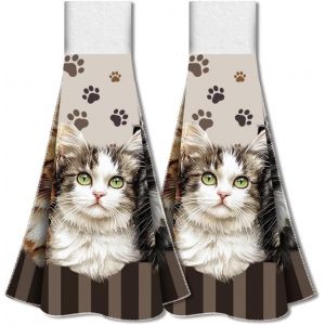 Eryi-2 Torchon De Cuisine De Chat Avec Boucle De Suspension, Serviette De Cuisine De Chats Amusants Torchon À Vaisselle Serviettes Douces Et Absorbantes À Suspendre Pour Cuisine Salle De Bain - Neuf