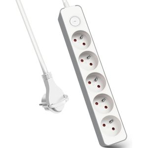 Multiprises 5 Prise avec Interrupteur Fiche Plate, Bloc 5 Prises, Rallonge 1.5m 230 V avec s&eacute;curit&eacute; Enfant, Blanc - Neuf