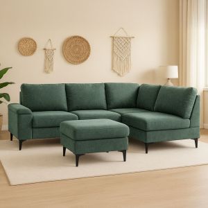 Canapé D'angle 4/5 Places En Tissu Chenille Vert Avec Pouf Colchester - Neuf