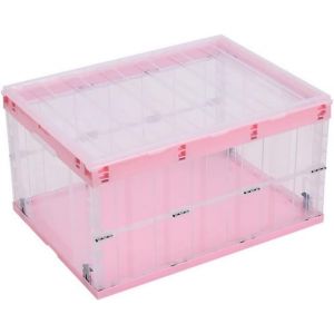 1x 55L Boîtes de Rangement Pliables et Empilables, avec Couvercle, Boîtes Empilables Stables avec Poignée, Transparentes, Rose - Neuf