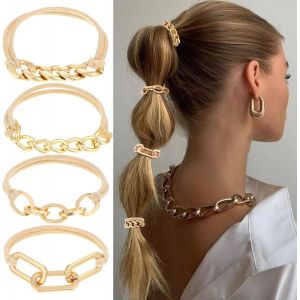 Kal-4 Pièces Bracelets En Caoutchouc Pour Cheveux Dorés, Femmes Bandes De Cheveux Élastiques Pour Queue De Cheval En Métal, Support De Queue De Cheval, Pour Le Sport, Le Yoga, Bijoux En Or, Cadeau - Neuf
