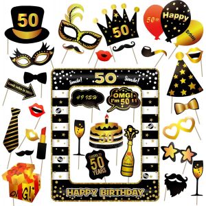 Toaob 31pcs Photobooth 50 Ans Photobooth Anniversaire Avec Accessoires De Cadre Photo Gonflable Selfie En Plastique Pvc Thème Noir Blanc Pour Femmes Hommes Fêtes Accessoires De Selfie Décorations - Neuf