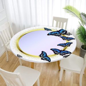 Sjzg-Nappe Ronde Anti Taches, Imprim&eacute; Papillon Nappe De Table Avec Bord &Eacute;lastique Ajust&eacute;e, Imperm&eacute;able Polyester Couverture De Table De Pour Cuisine Jardin F&ecirc;te (Bleu,Diam&egrave;tre 200cm) - Neuf