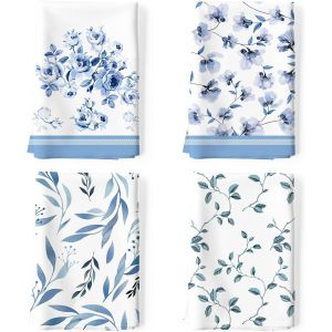 Eryi-Torchons De Cuisine Coton Vaisselle Lot De 4, Serviettes De Cuisine Torchon Vaisselle 100% Coton Avec Accroche Très Absorbant Serviettes De Bar 48 X 70cm Fleurs Et Feuilles Bleues - Neuf