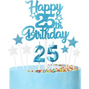 Eryi-Lot De 25 Bougies Bleues Pour Gâteau D'anniversaire 25 Ans - Bougies Bleues Et Argentées - Décorations De Gâteau D'anniversaire Pour Filles, Garçons, Femmes, Hommes - Neuf