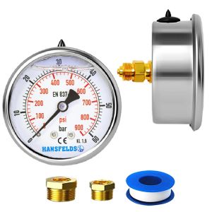 Manom&egrave;tre Hansfeld 0-60 bar/psi,cadran 63 mm,rempli de liquide,montage arri&egrave;re BSP 1/4 pouce,int&eacute;rieur et montage en laiton,pr&eacute;cision 1,6,inclut 2 r&eacute;ducteurs vers 3/8"" et 1/2"". - Neuf