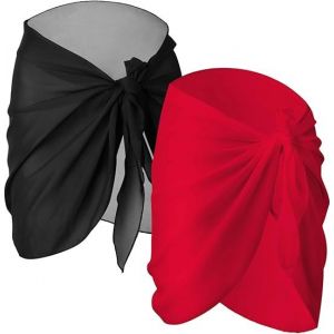 Paréo 2 Pièces Noir Et Rouge Pour Femme, Cache-Maillot De Bain, Jupe Portefeuille, Bikini, Plage, Mousseline - Neuf