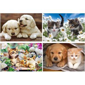 Oayew-Diamond Painting Animaux - Lot De 4 Kits 40x30 Cm Tableau Perle Diamant Chat Noir Et Blanc, Chien Labrador - Broderie &Agrave; Coller - Neuf