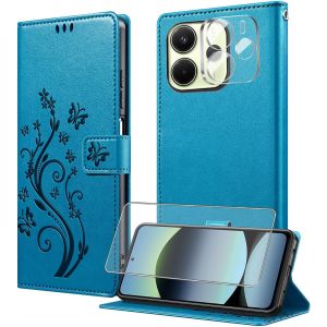 JGD-Coque pour Xiaomi Redmi Note 14 4G (EU Version) avec 1 Verre Tremp&eacute;,1 Protection Camera,&Eacute;tuis Rabat [Housse en Cuir PU][Fentes pour Cartes][Pochette de Portefeuille][Stand Feature]- Bleu - Neuf