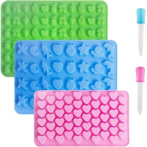 Jexnovashop-Lot De 3 Mini Moules &Agrave; Chocolat En Silicone Contenant Des Petits Coeurs, Des Fruits, Des Formes D'animaux Marins Et 2 Compte-Gouttes Pour Faire De La Gomme, Des Bonbons Et Du Chocolat - Neuf