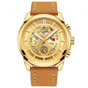 Montre A Quartz Naviforce Avec Bracelet En Cuir Et Cadran A Trois Yeux Pour Homme (Dore) - Neuf
