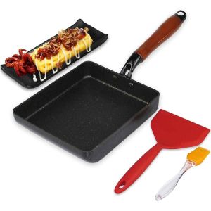 Jexnovashop-Po&ecirc;le &Agrave; Omelette Japonaise Avec Rev&ecirc;tement Anti-Adh&eacute;sif Tamagoyaki Avec Assiette Tamagoyaki, Spatule Et Brosse En Silicone, 17,8 X 15,2 Cm (Noir) - Neuf