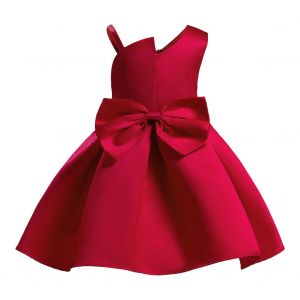 Robe De Soiree Sans Manches Pour Bebe Fille, Couleur Unie, Jupe Asymetrique A Noud (Rouge, 150) - Neuf