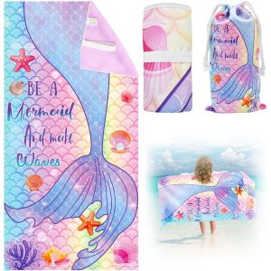 Kal-Serviette De Plage Sirène 75 X 150 Cm Pour Fille - Séchage Rapide - Avec Poche - Serviette De Bain En Microfibre Ultra Absorbante - Pour Plage, Voyage, Natation (2) - Neuf