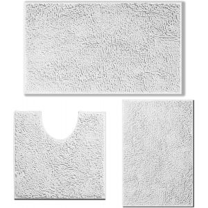 Lot de 3 tapis de bain doux,antid&eacute;rapants,en chenille,absorbants,pour salle de bain,toilettes et douche,lavables en machine (blanc) - Neuf