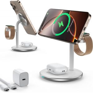 Estaci&oacute;n De Carga De Inducci&oacute;n, 15w Cargador De Estaci&oacute;n De Carga Inal&aacute;mbrica De Tres En Uno, Compatible Con El Cargador Mag Safe, Adecuado Para Phone 16 15 14[Gyc961724] - Neuf