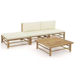 Prolenta Premium - Salon De Jardin 4 Pcs Avec Coussins Blanc Cr&egrave;me Bambou - Neuf