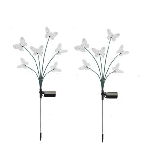 Lot de 2 lampes solaires papillon &agrave; piquer, 6 LED, pour jardin ext&eacute;rieur - Blanc chaud, r&eacute;sistantes &agrave; l'eau, 2 modes d'&eacute;clairage - Neuf