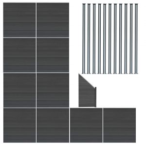 Kit Cl&ocirc;ture Panneaux En Bois Composite Gris 10 Quadratique, 1 Inclin&eacute; 185 H X 18,3 M L & 11 Poteaux En Aluminium &Agrave; Led Solaires Lames &Agrave; Embo&icirc;ter Texture Bois Reversible Pvc Brise-Vue Ext&eacute;rieur Jardin - Neuf