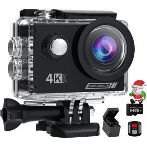 Mevronisshop-Cam&eacute;ra Sport 4k60 Fps Avec 64gb Carte,131ft Cam&eacute;rasous Marine 48mp Cam&eacute;ra &Eacute;tanche,Wifi Camera Casque Moto Avec Eis,Cam&eacute;rad'action Avec T&eacute;l&eacute;commande,2 Batteries,Kit D'accessoire. - Neuf